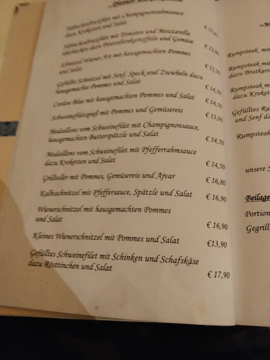 Speisekarte, Cafe Restaurant Park Villa