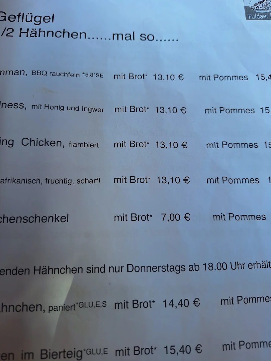 Speisekarte, Gasthaus Fuldaer Hof
