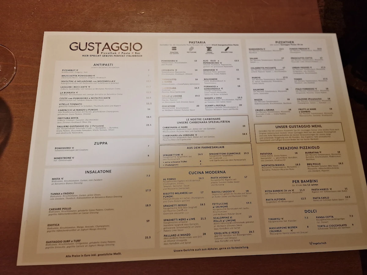 Speisekarte, Gustaggio - Pizzathek - Pastaria & Bar