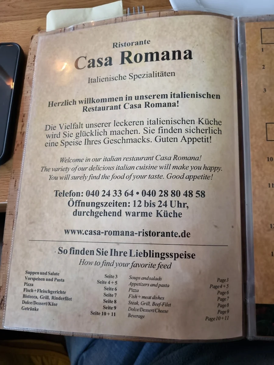 Speisekarte, Casa Romana - Ristorante Italiano