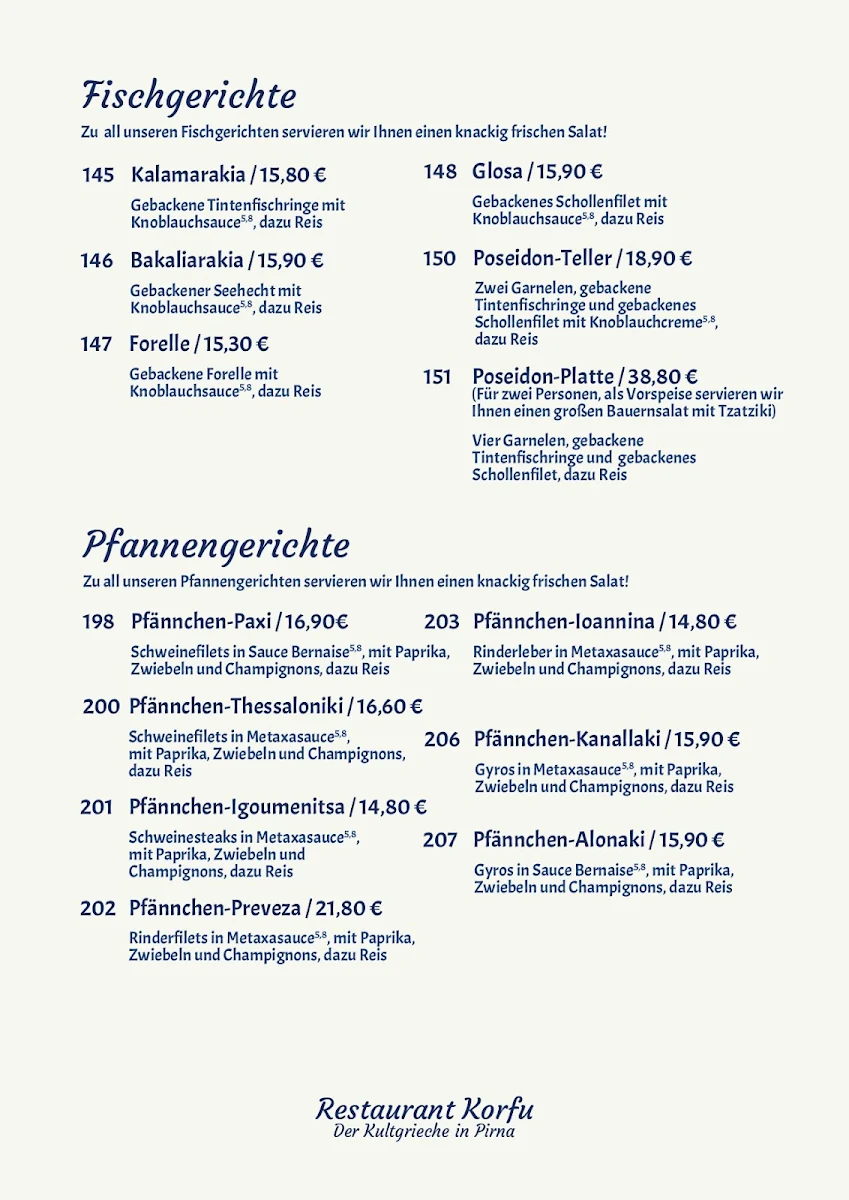 Speisekarte, Restaurant Korfu Pirna