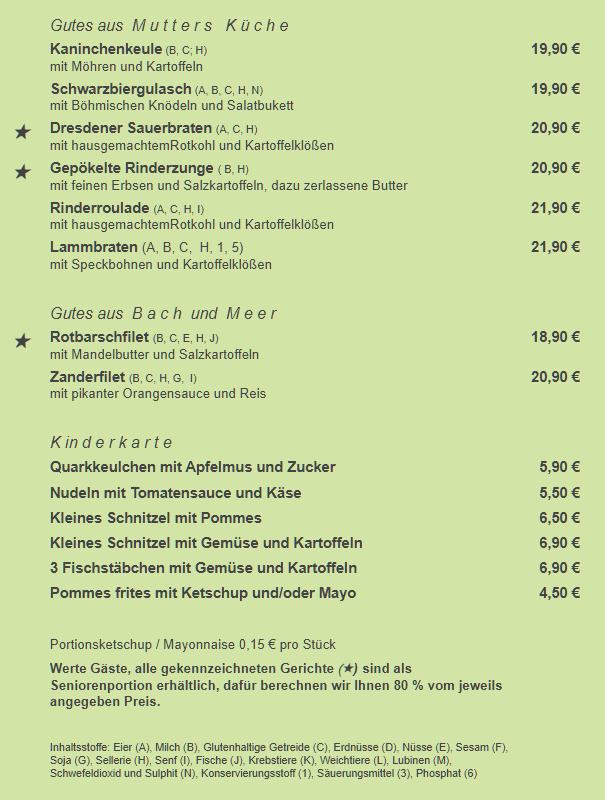 Speisekarte, Gasthof Hopfenblüte