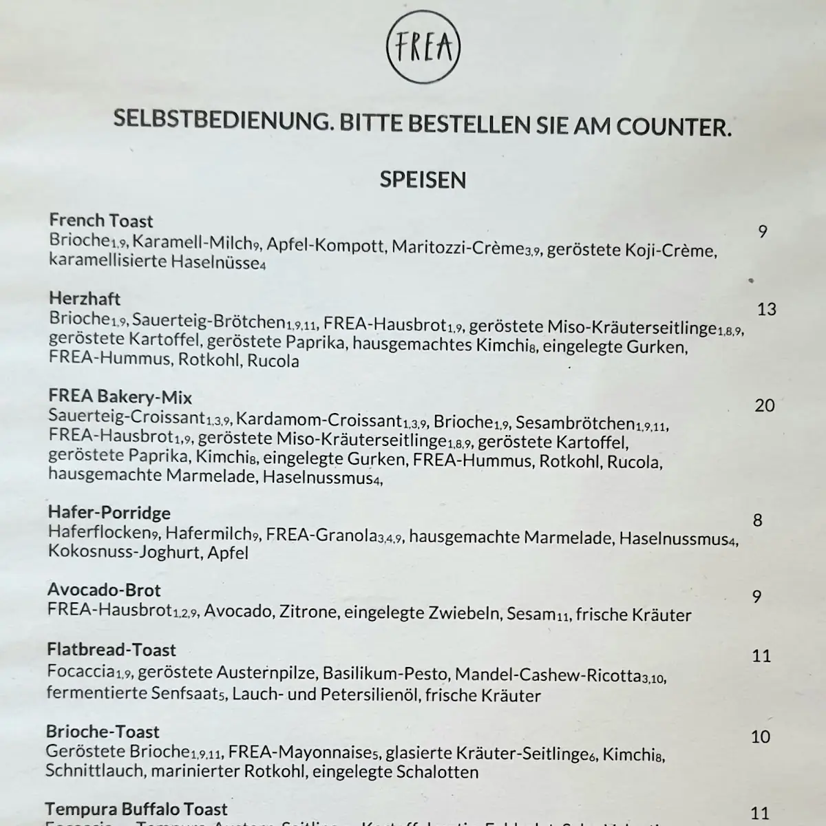 Speisekarte, FREA Bakery