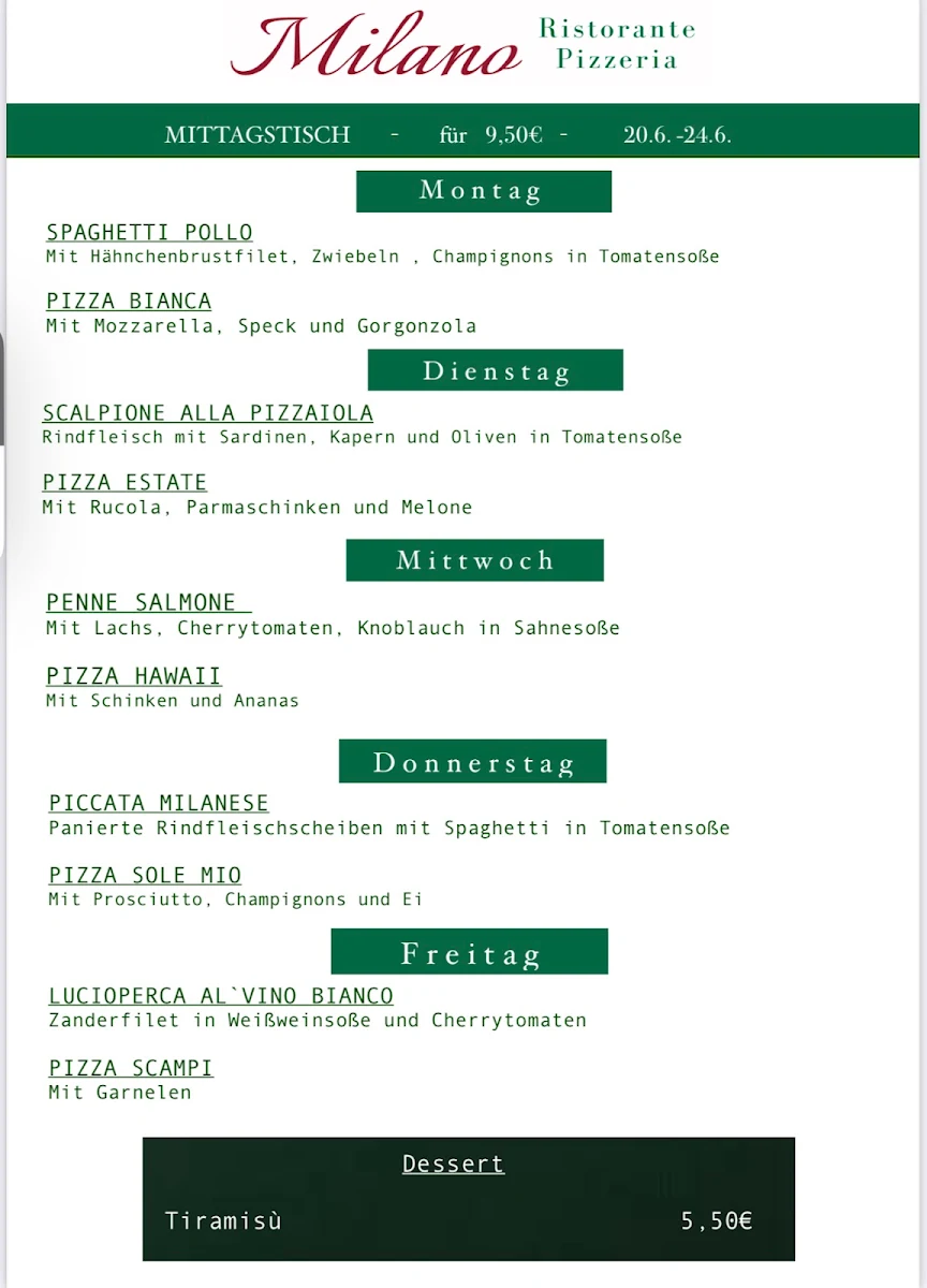 Speisekarte, Ristorante Pizzeria Milano