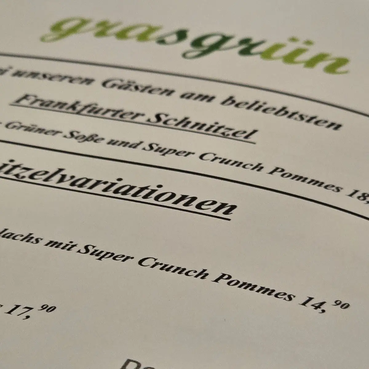 Speisekarte, Gaststätte Grasgrün