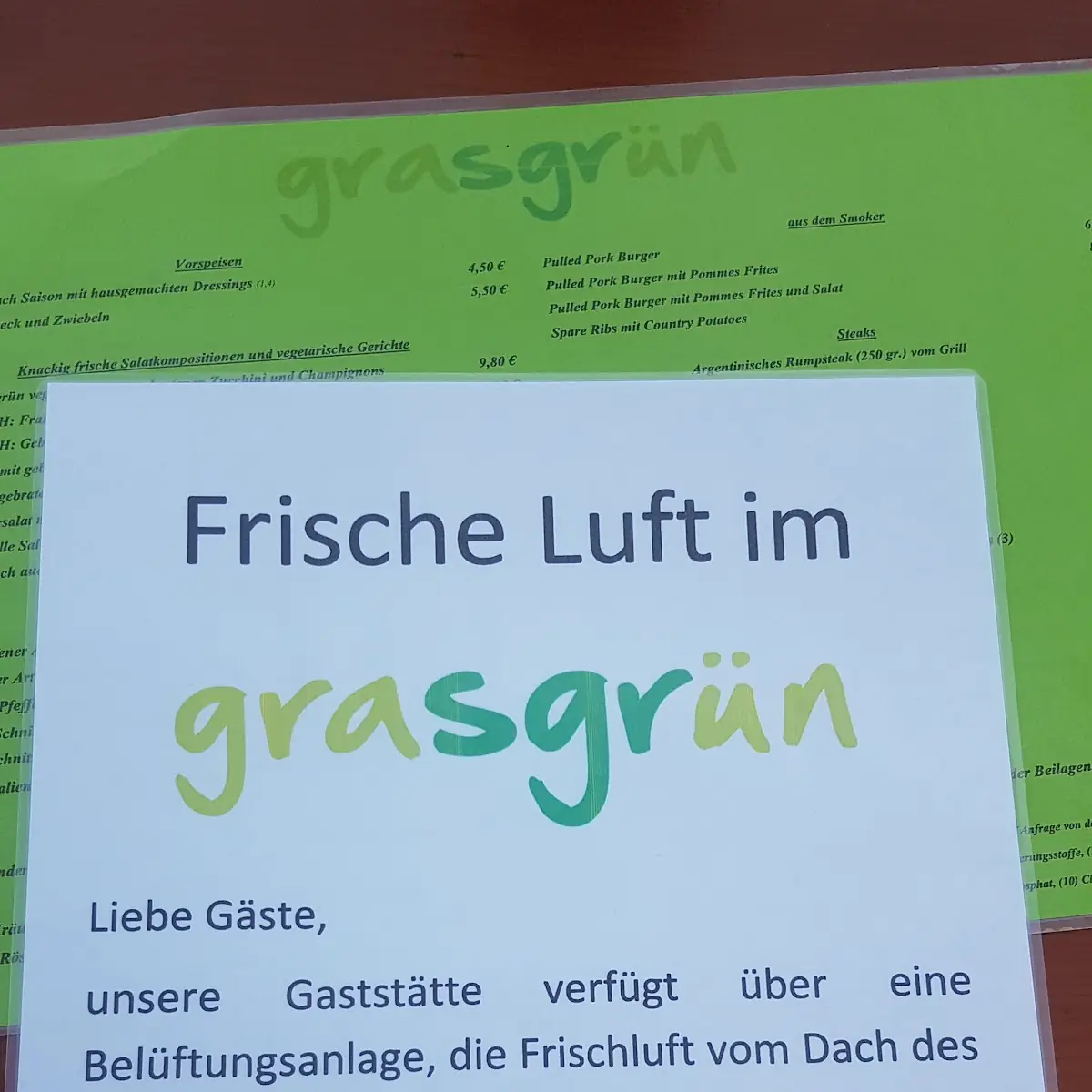 Speisekarte, Gaststätte Grasgrün