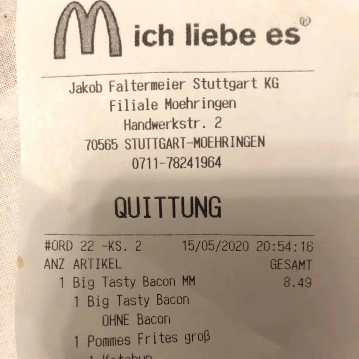 Speisekarte, McDonald's