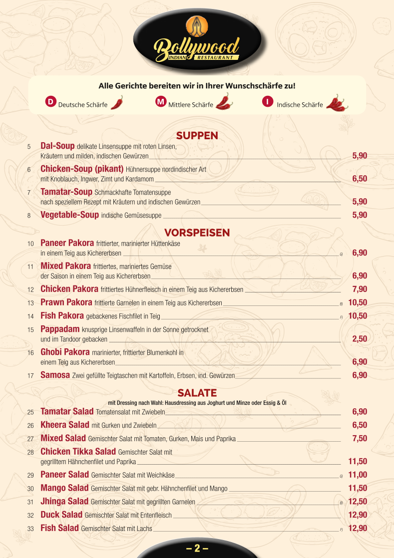 Speisekarte, Bollywood Indian Restaurant
