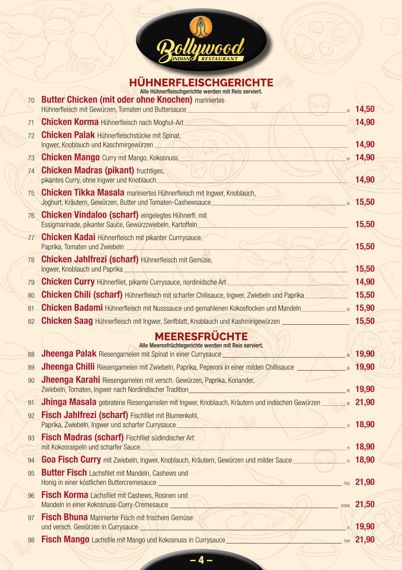 Speisekarte, Bollywood Indian Restaurant