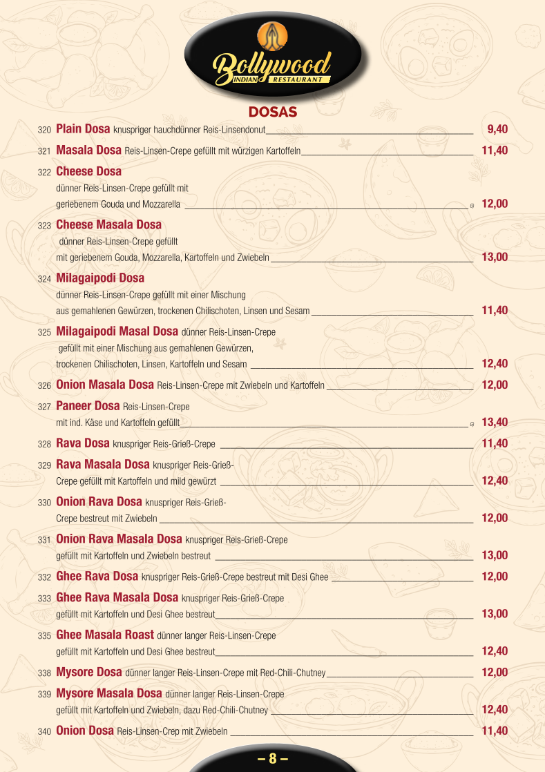 Speisekarte, Bollywood Indian Restaurant