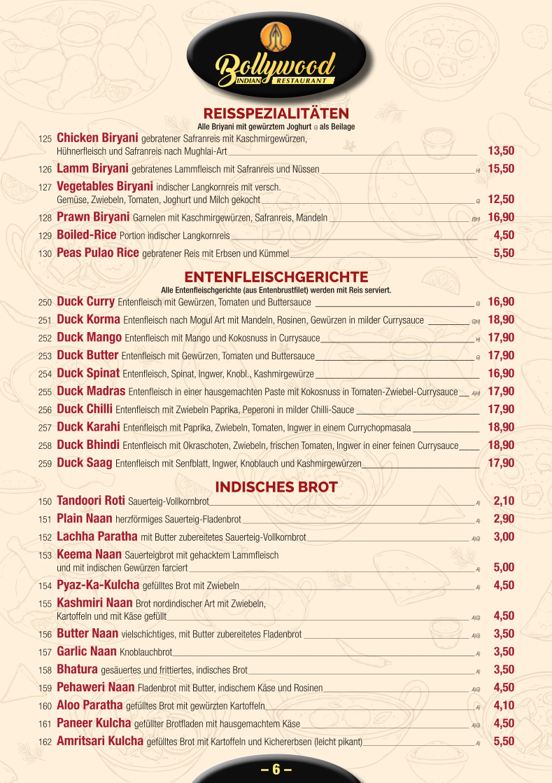 Speisekarte, Bollywood Indian Restaurant