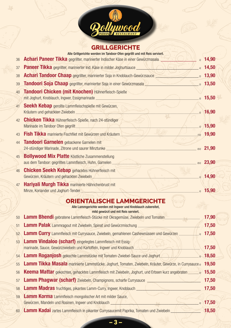 Speisekarte, Bollywood Indian Restaurant