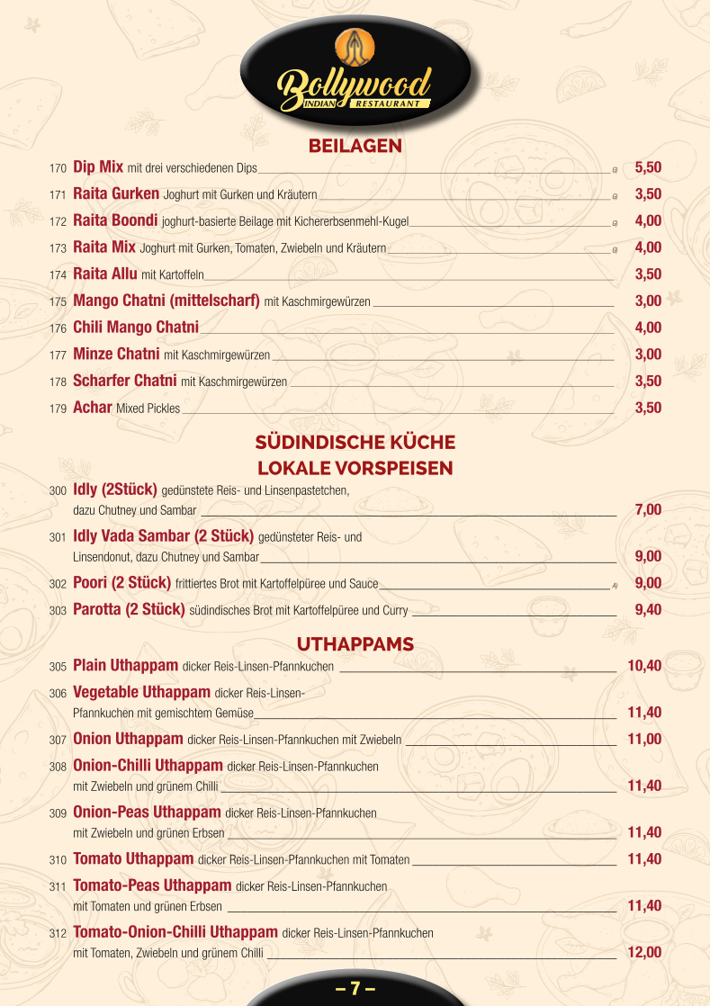 Speisekarte, Bollywood Indian Restaurant