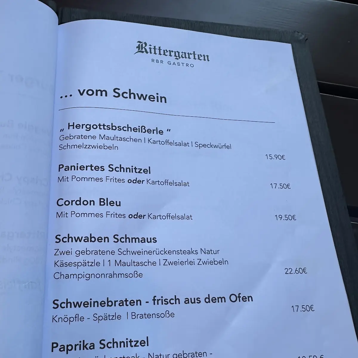 Speisekarte, Rittergarten Tuttlingen - RBR Gastro Raphael Braun