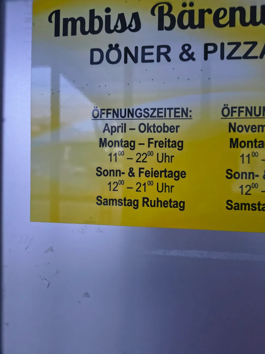 Speisekarte, Imbiss Bärenweg