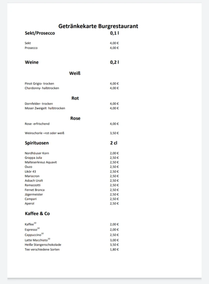 Speisekarte, Burgrestaurant Altena