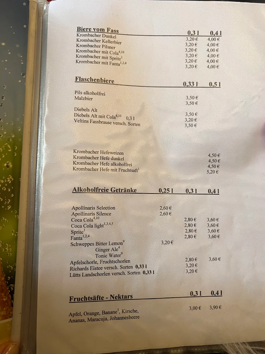 Speisekarte, Burgrestaurant Altena