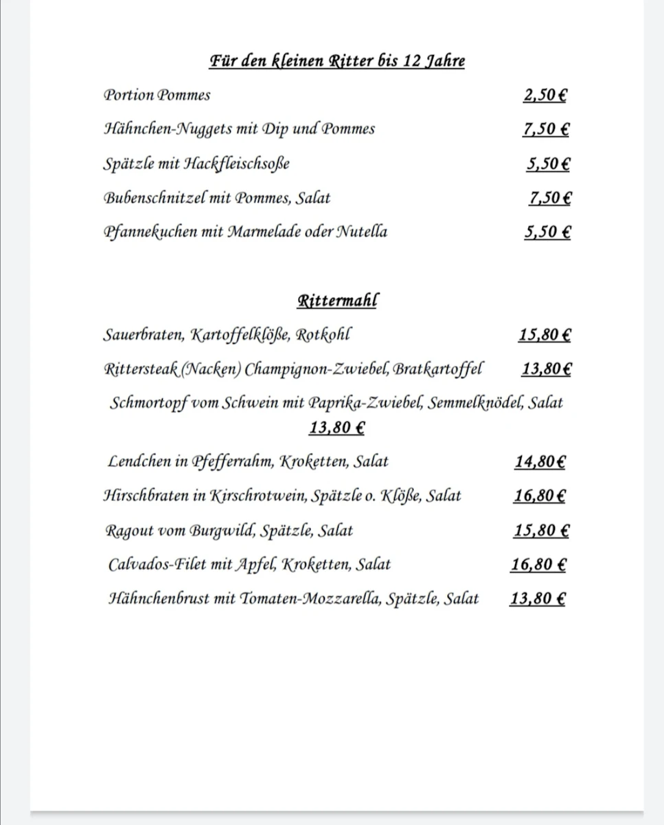 Speisekarte, Burgrestaurant Altena