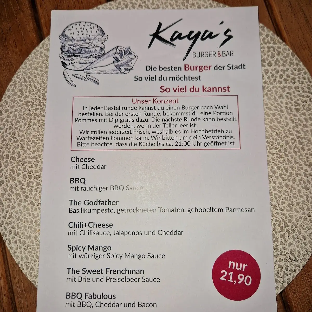 Speisekarte, Kayas Burger & Bar Homburg