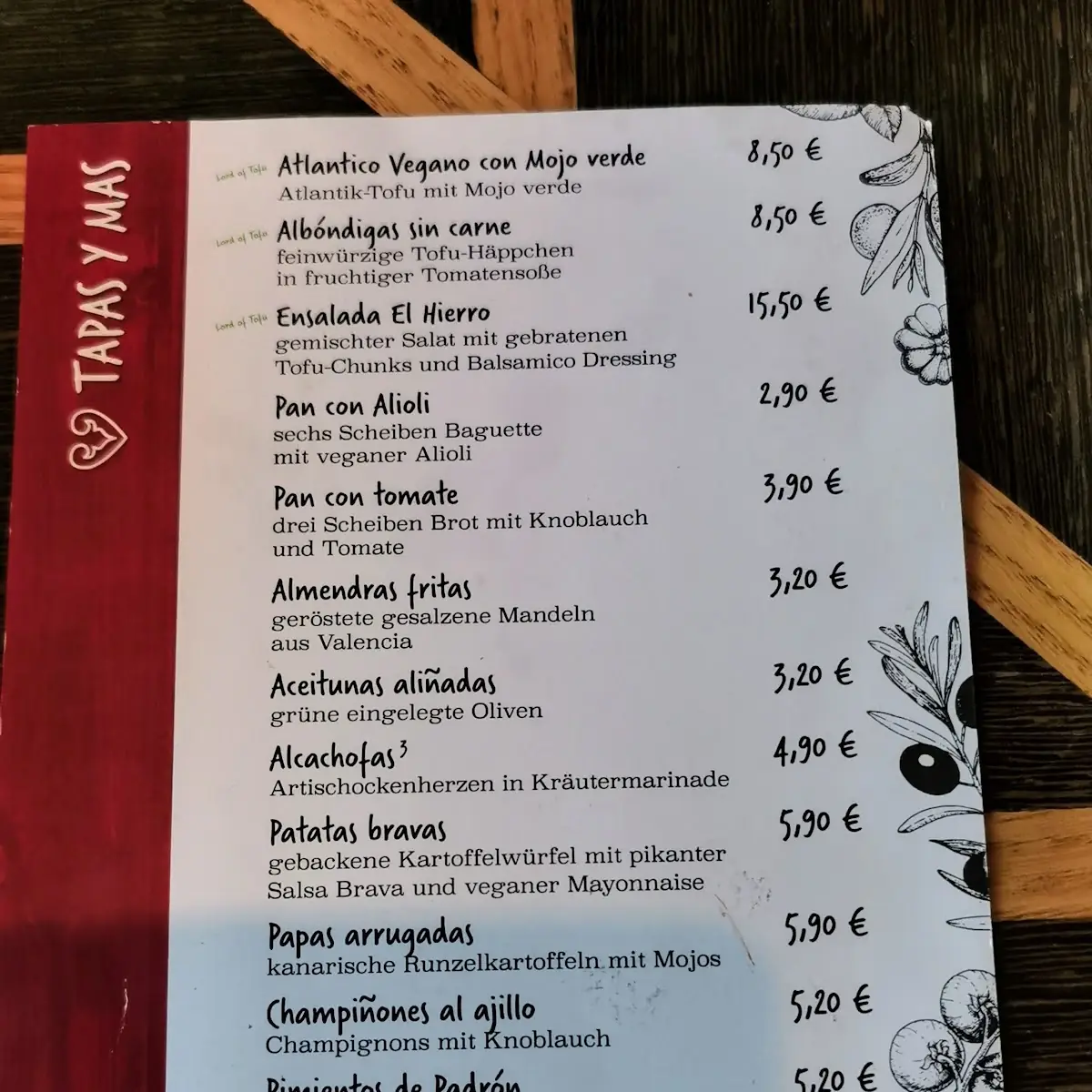 Speisekarte, Bodega Bühlot