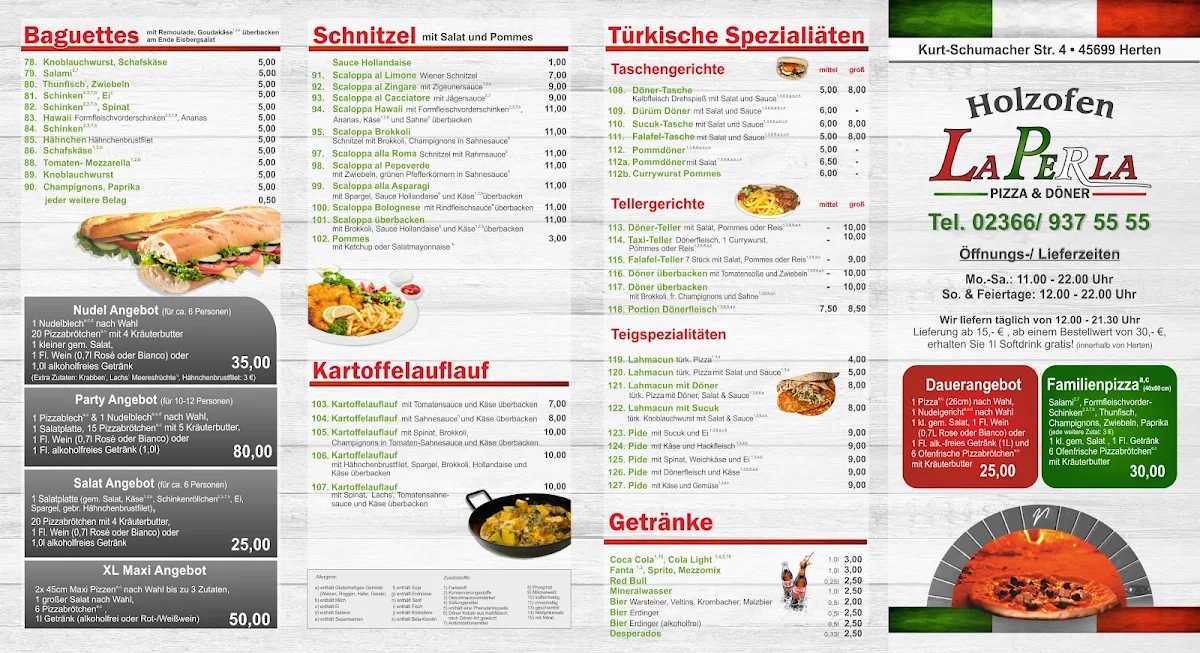 Speisekarte, Pizzeria la Perla Holzfeuer Herten