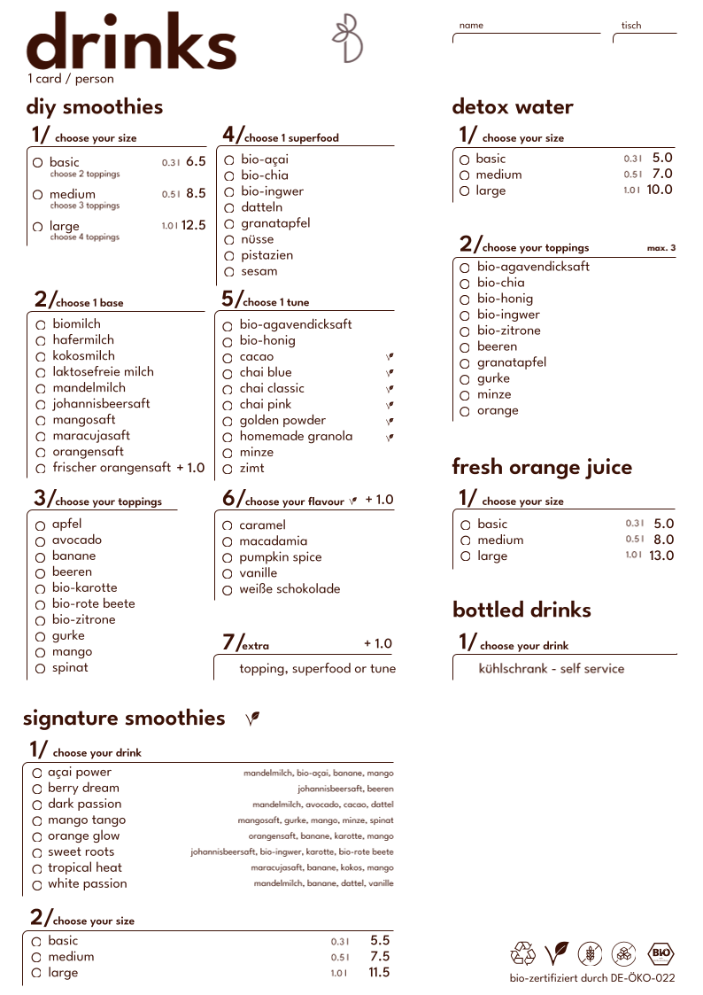 Speisekarte, Café Beezou