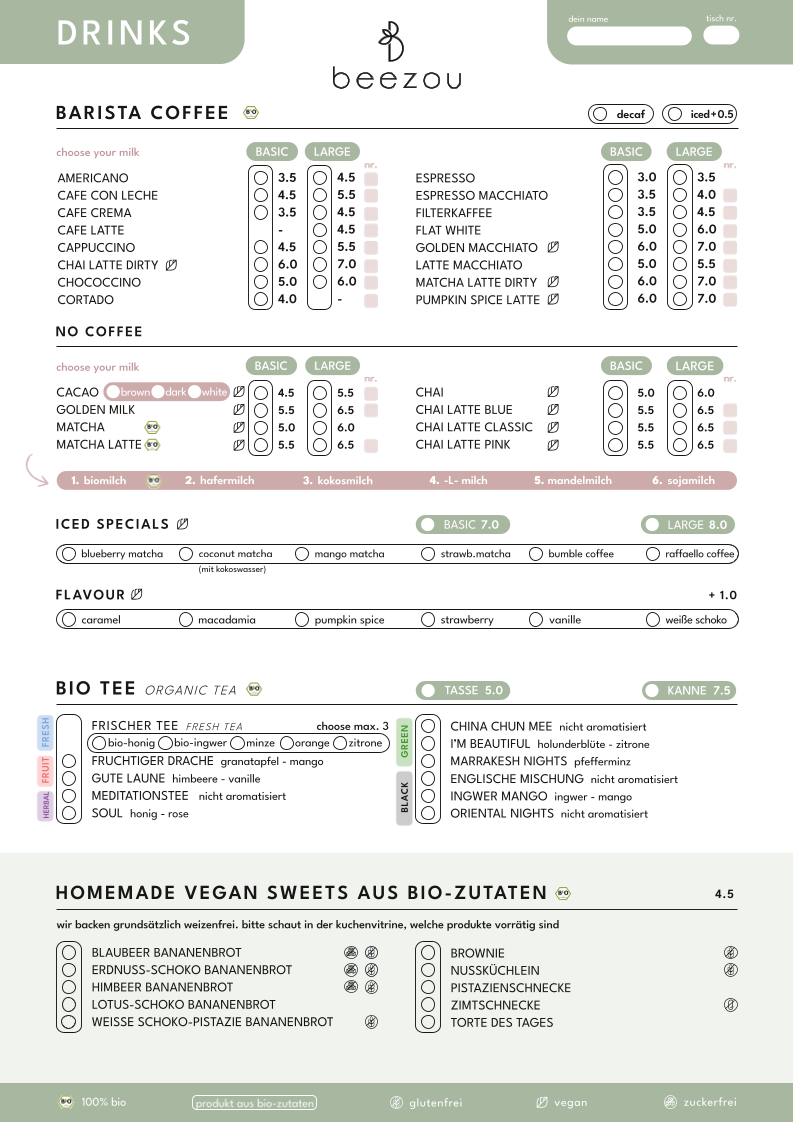 Speisekarte, Café Beezou