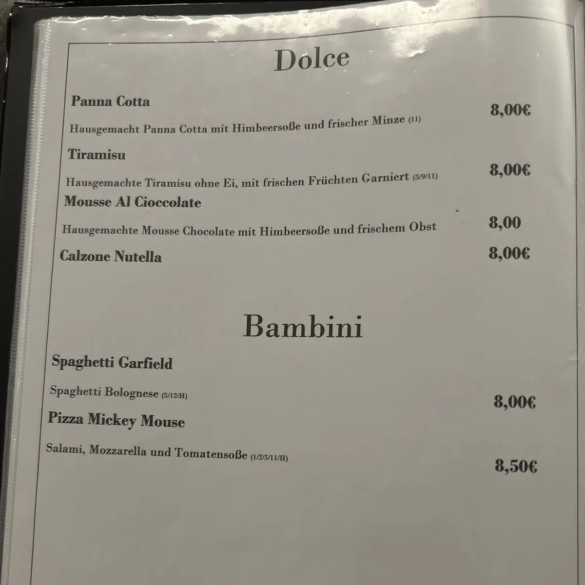 Speisekarte, Restaurant La terazza