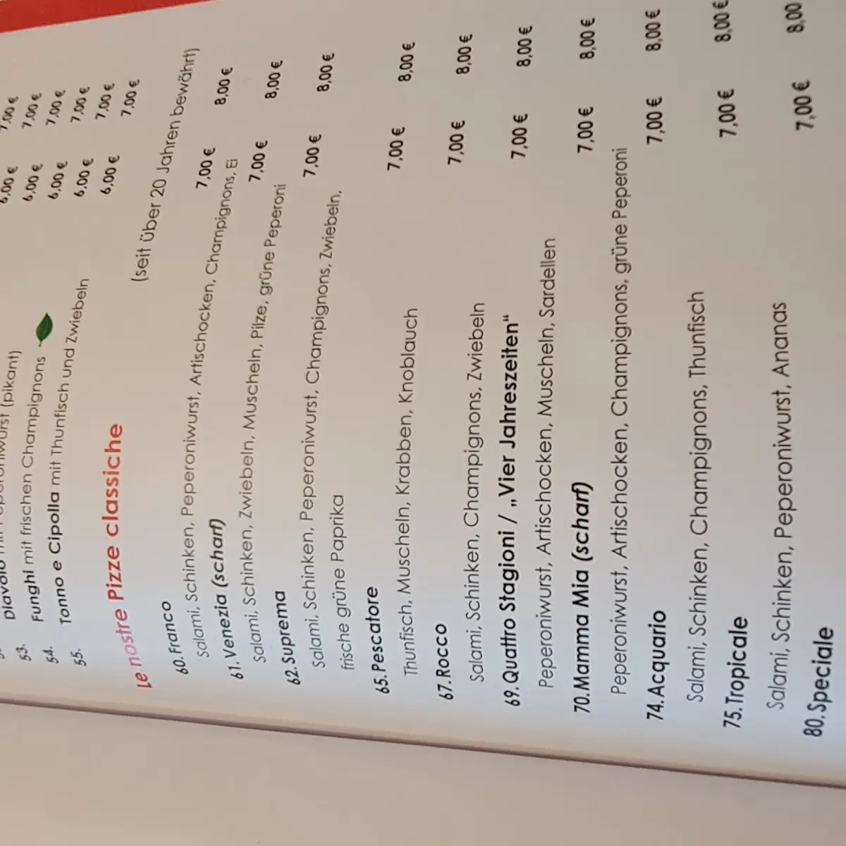 Speisekarte, Ristorante Acquario
