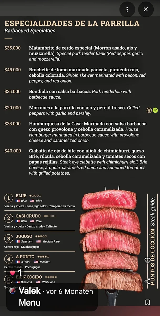 Speisekarte, Steakhaus Buenos Aires