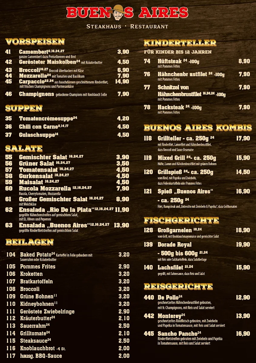 Speisekarte, Steakhaus Buenos Aires