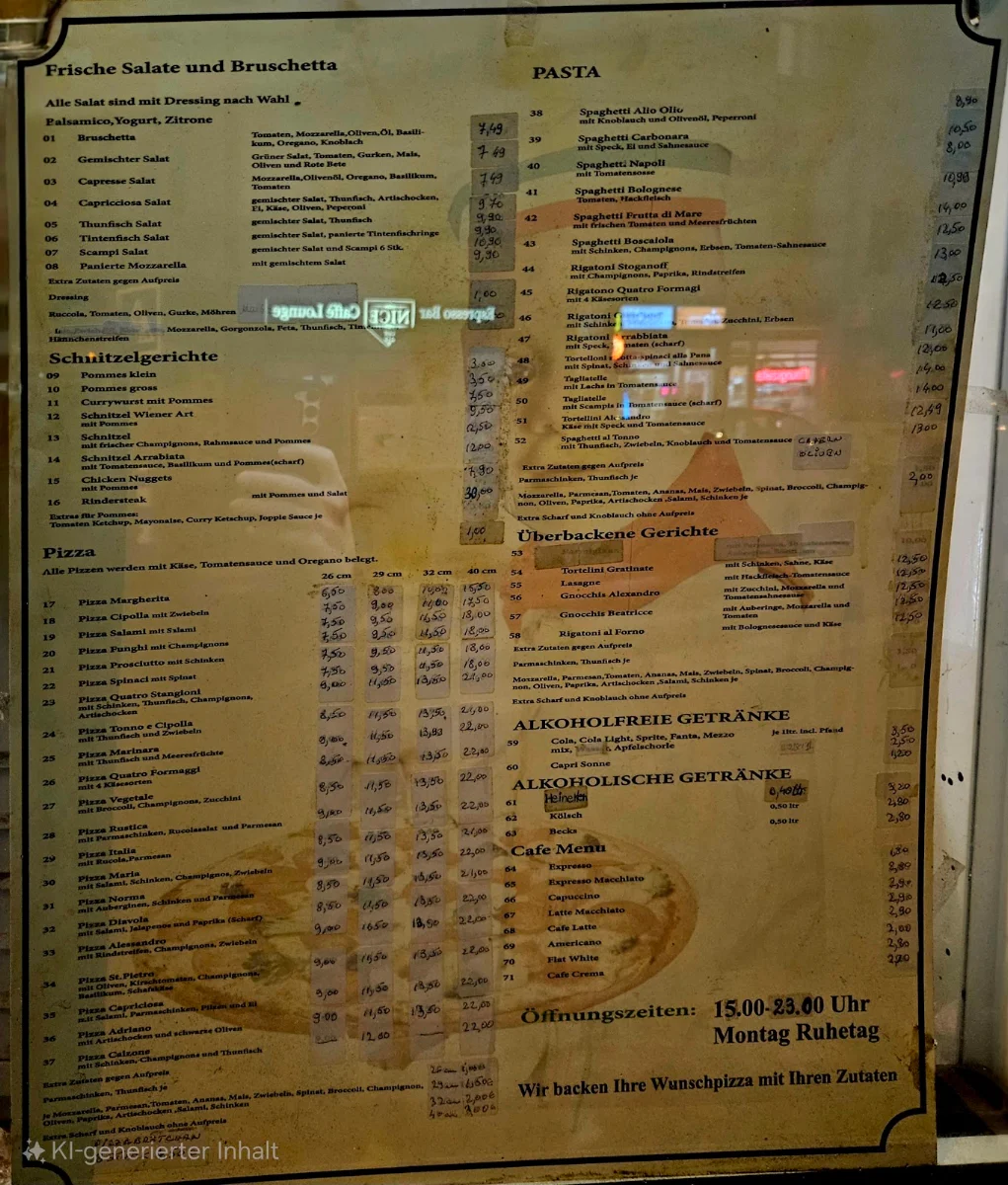 Speisekarte, Da Alessandro Pizza & Pasta Köln