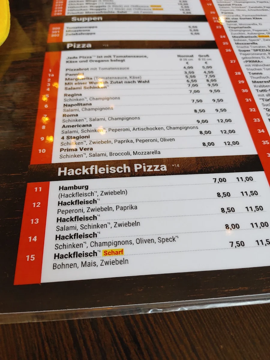 Speisekarte, Pizzeria Prima