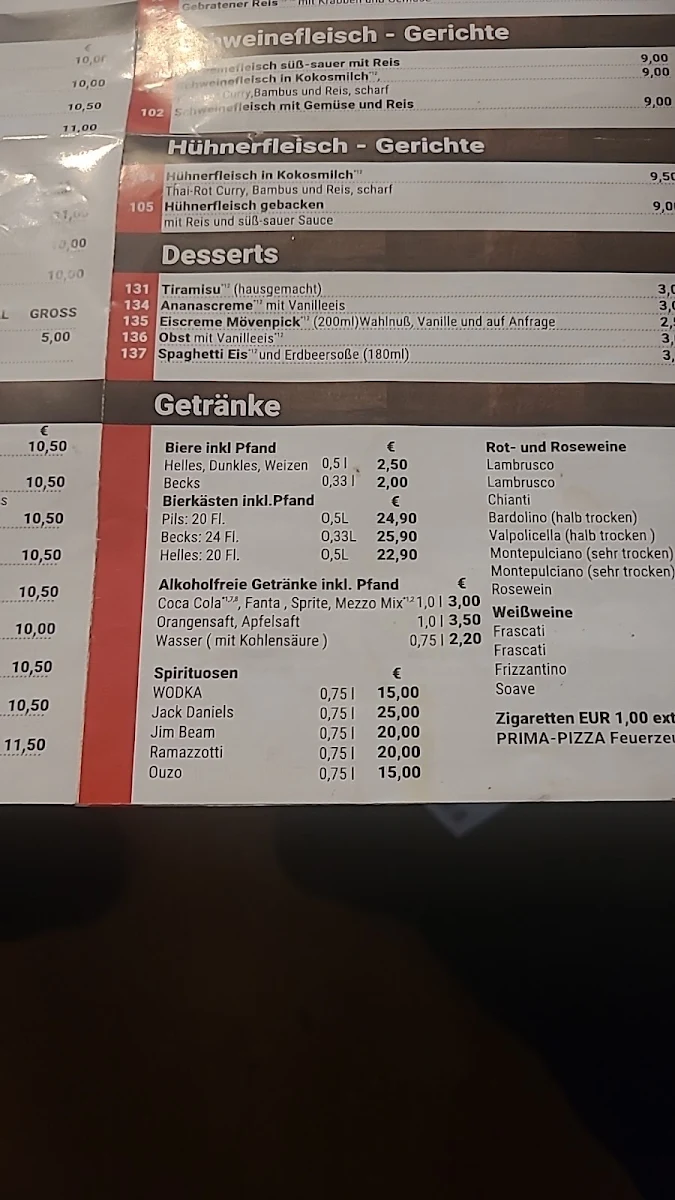 Speisekarte, Pizzeria Prima