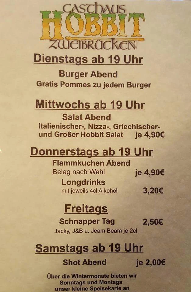 Speisekarte, Gasthaus Hobbit