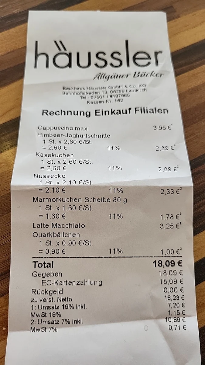 Speisekarte, Backhaus Häussler, Leutkirch