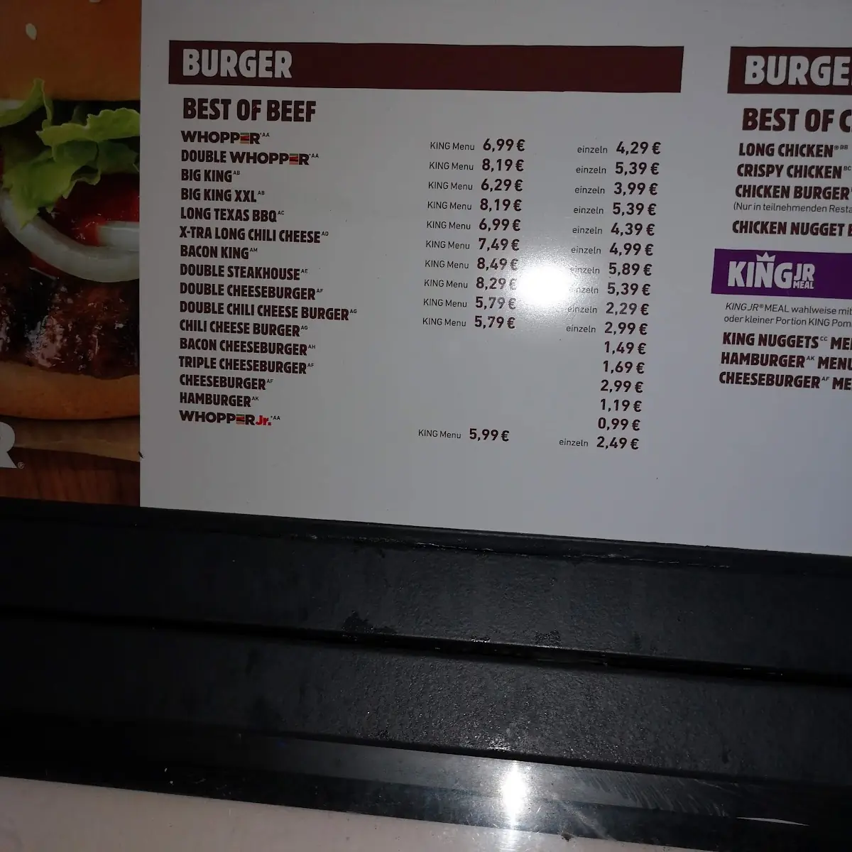 Speisekarte, Burger King Heimfeld
