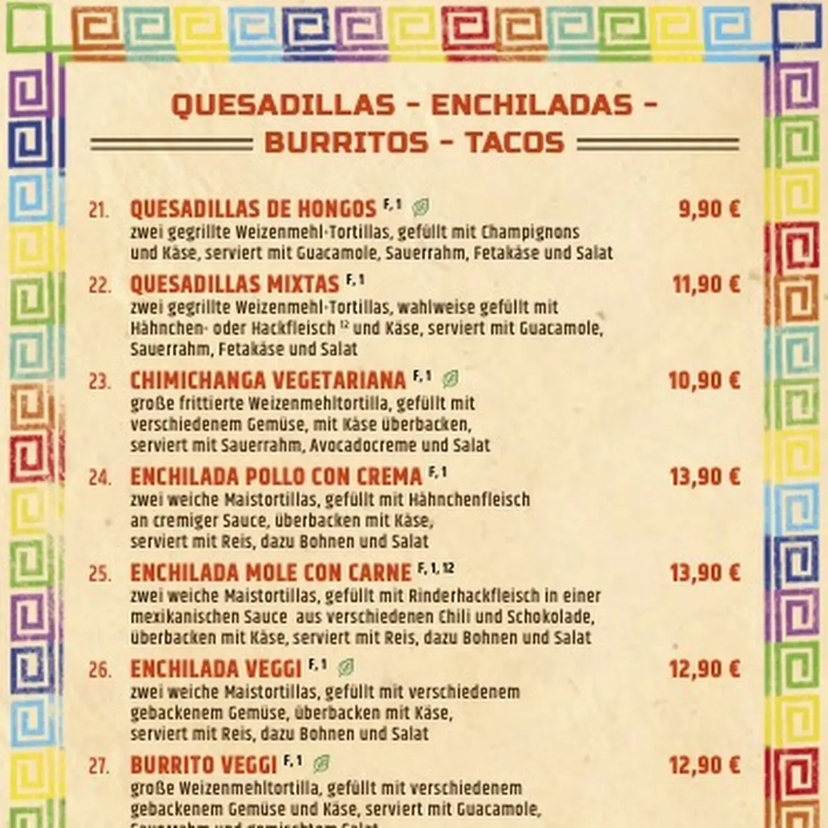 Speisekarte, Mexikanisches Restaurant Berlin Tulum