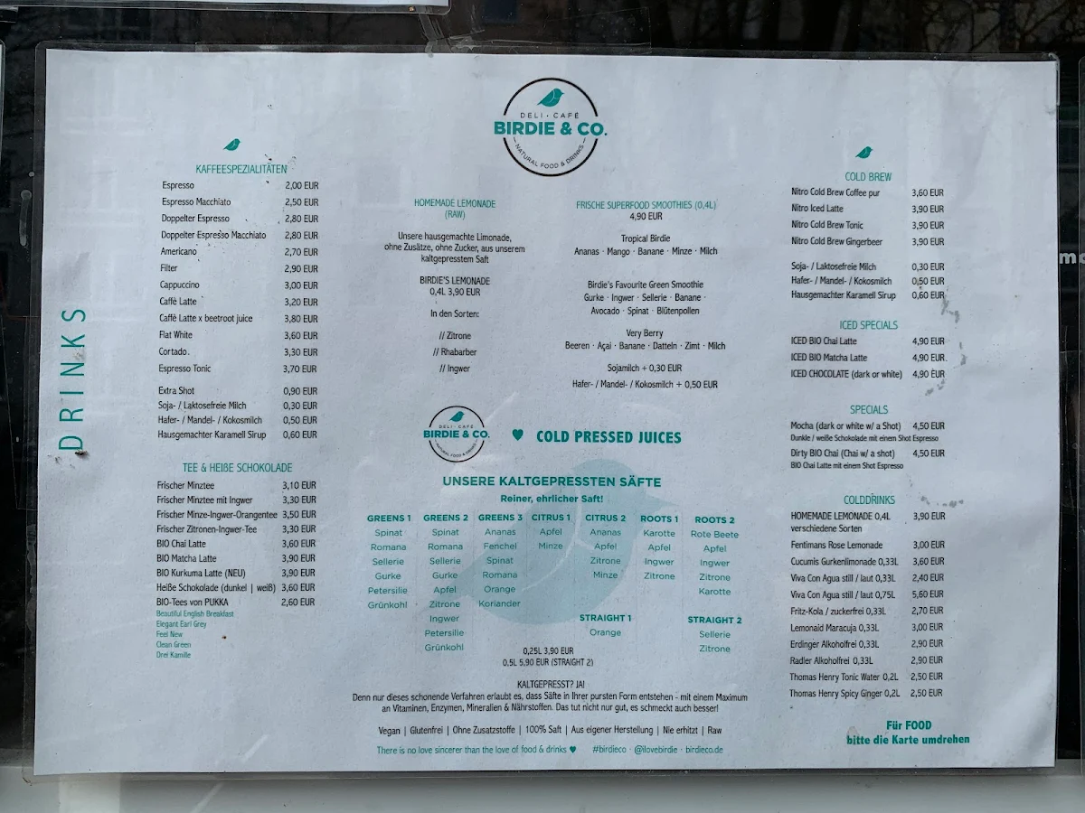 Speisekarte, BIRDIE & CO. Deli · Café