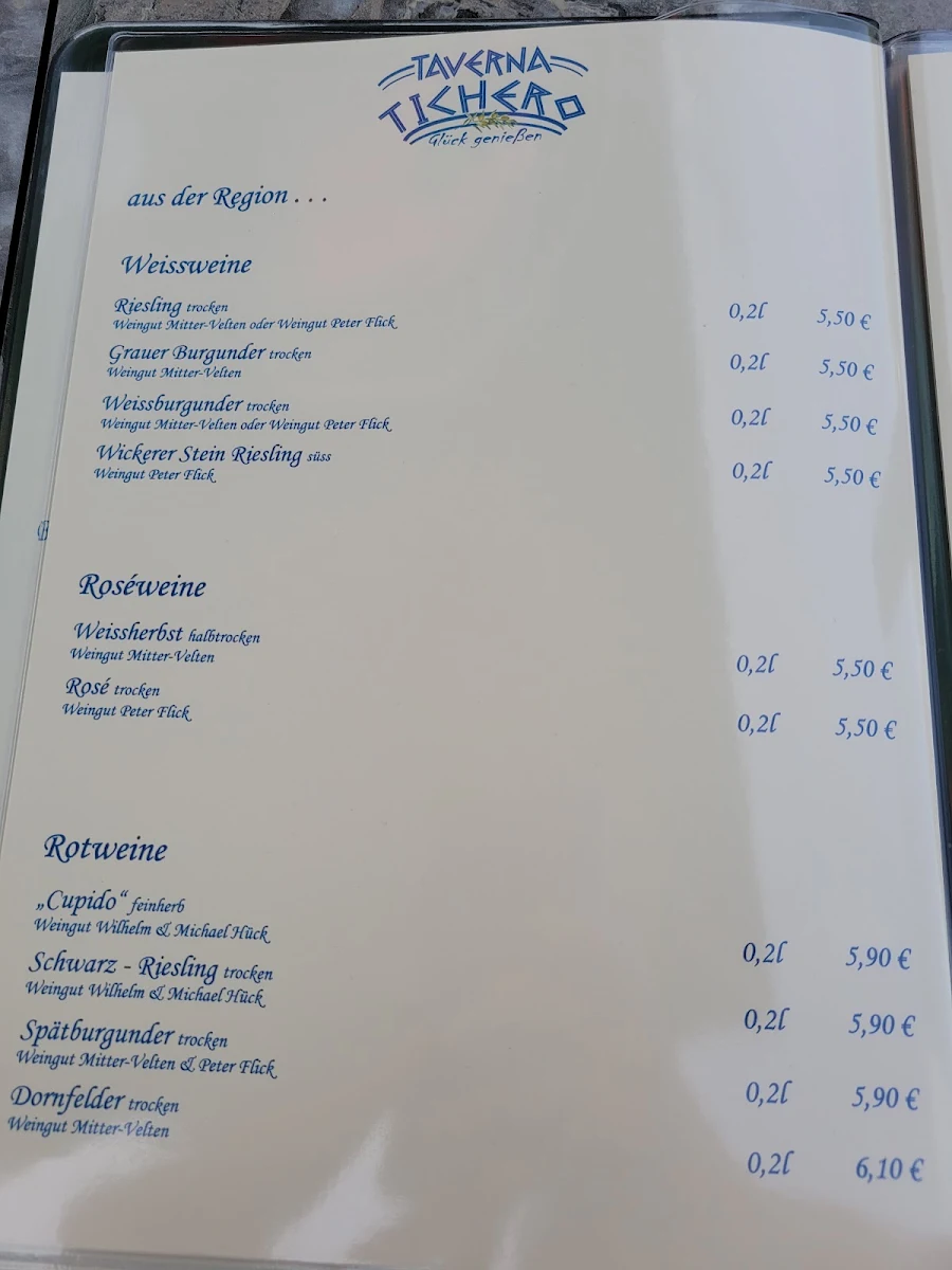 Speisekarte, Taverna Tichero