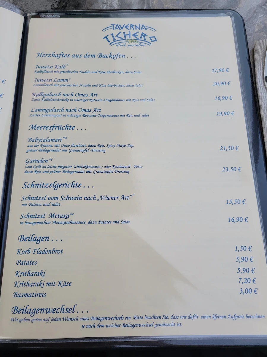 Speisekarte, Taverna Tichero