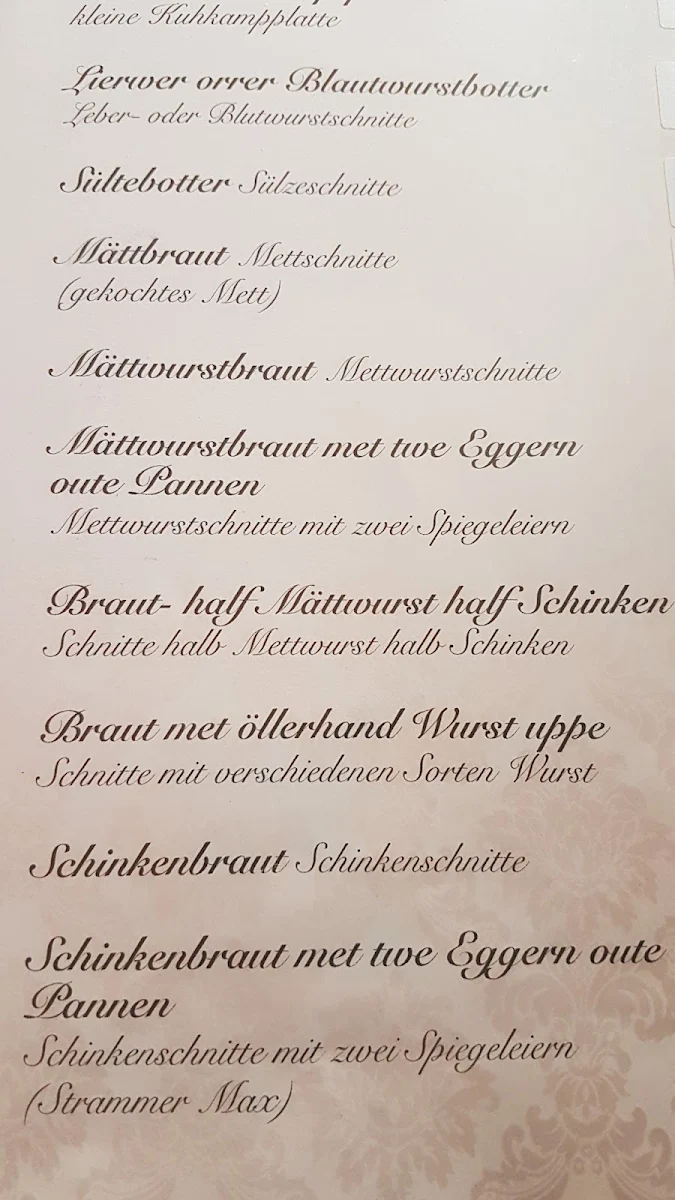Speisekarte, Gaststätte Kuhkamp