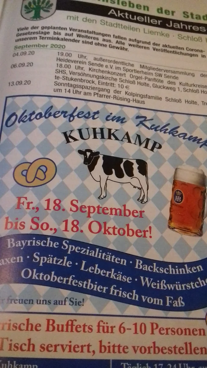 Speisekarte, Gaststätte Kuhkamp