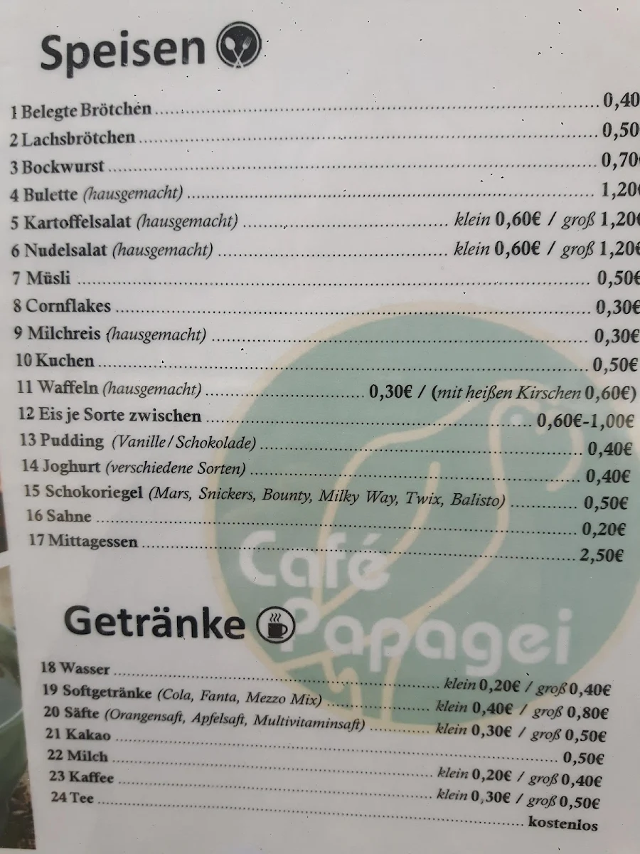 Speisekarte, Verein für Innere Mission "Café Papagei"