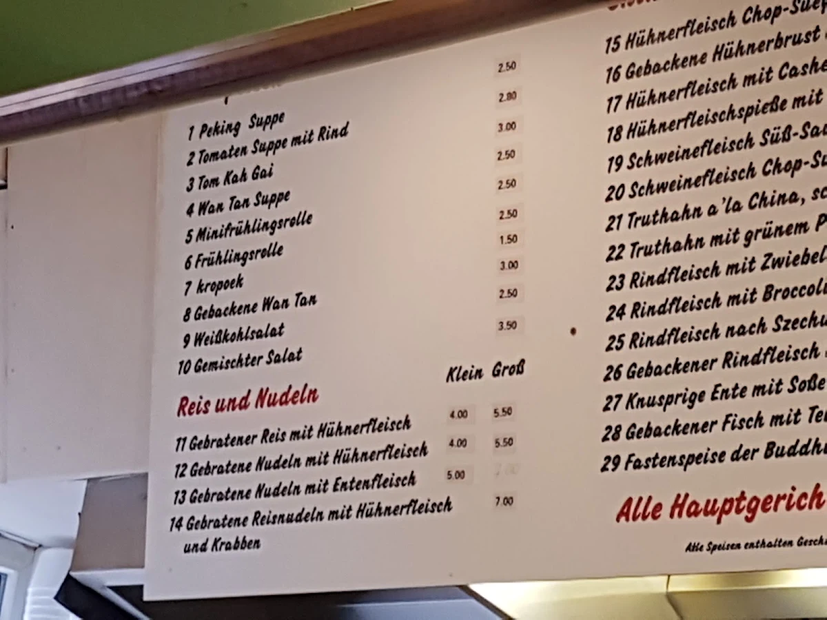 Speisekarte, Asia-Imbiss
