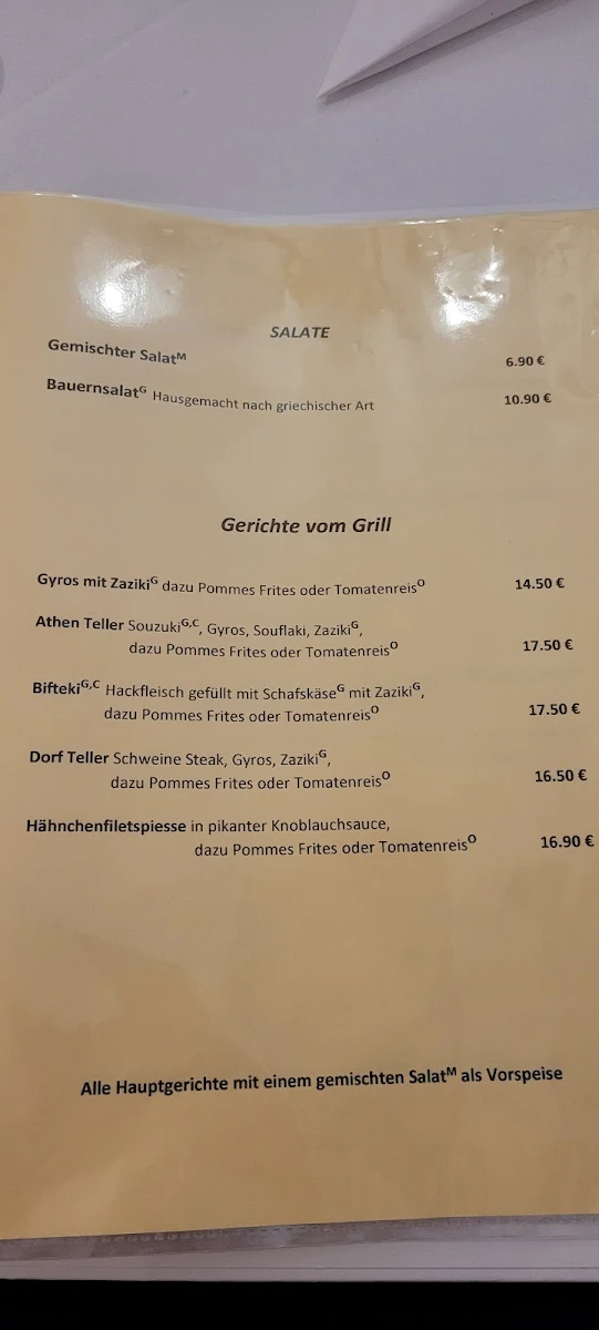 Speisekarte, Pension und Taverne Lubenbachtal