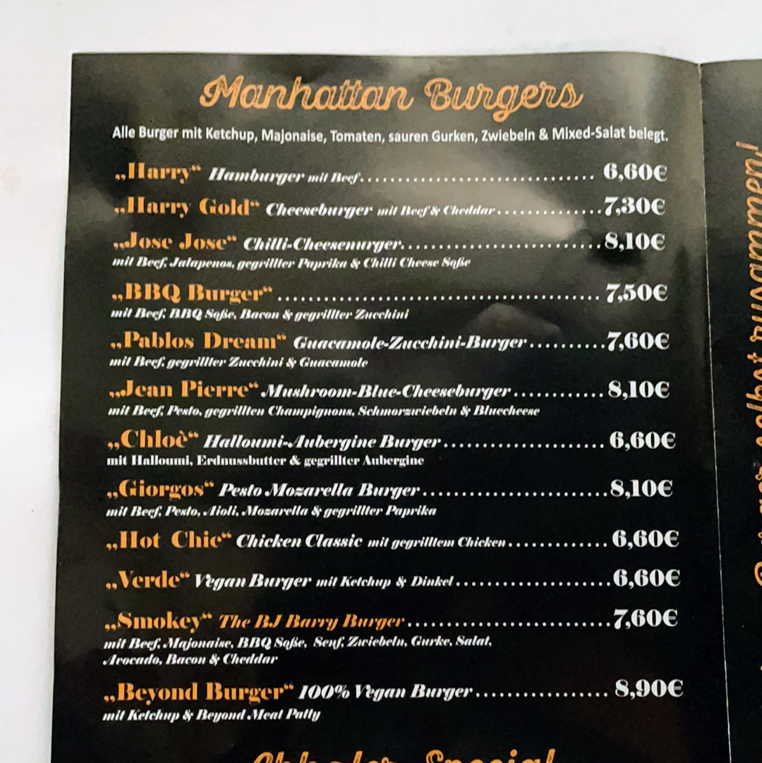 Speisekarte, Manhattan Burger Seelze