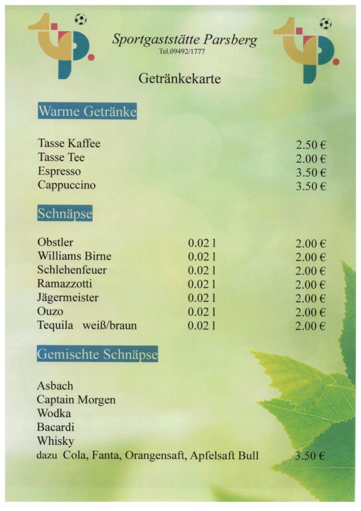 Speisekarte, Sportgaststätte Parsberg