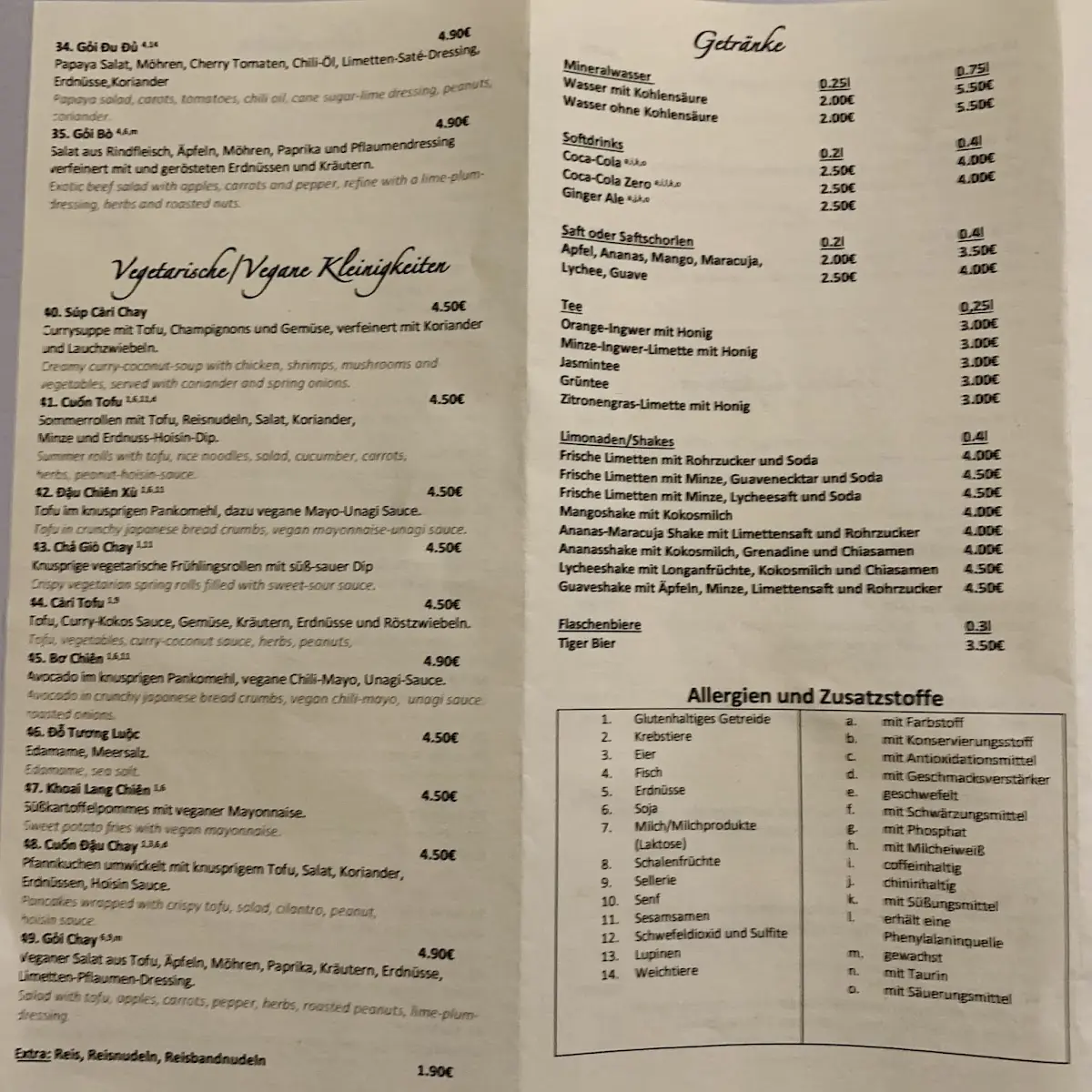 Speisekarte, Vietnamesische Küche & Sushi