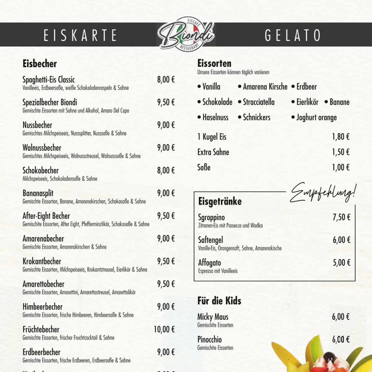 Speisekarte, Biondi Eiscafé & Restaurant